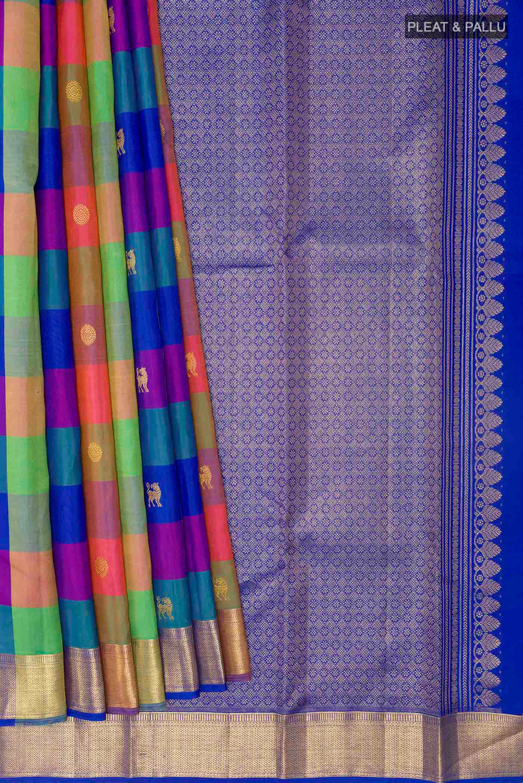 Pleats and pallu of Multi Color Kanchipuram Silk Saree with Checked design on the body and Zari Border