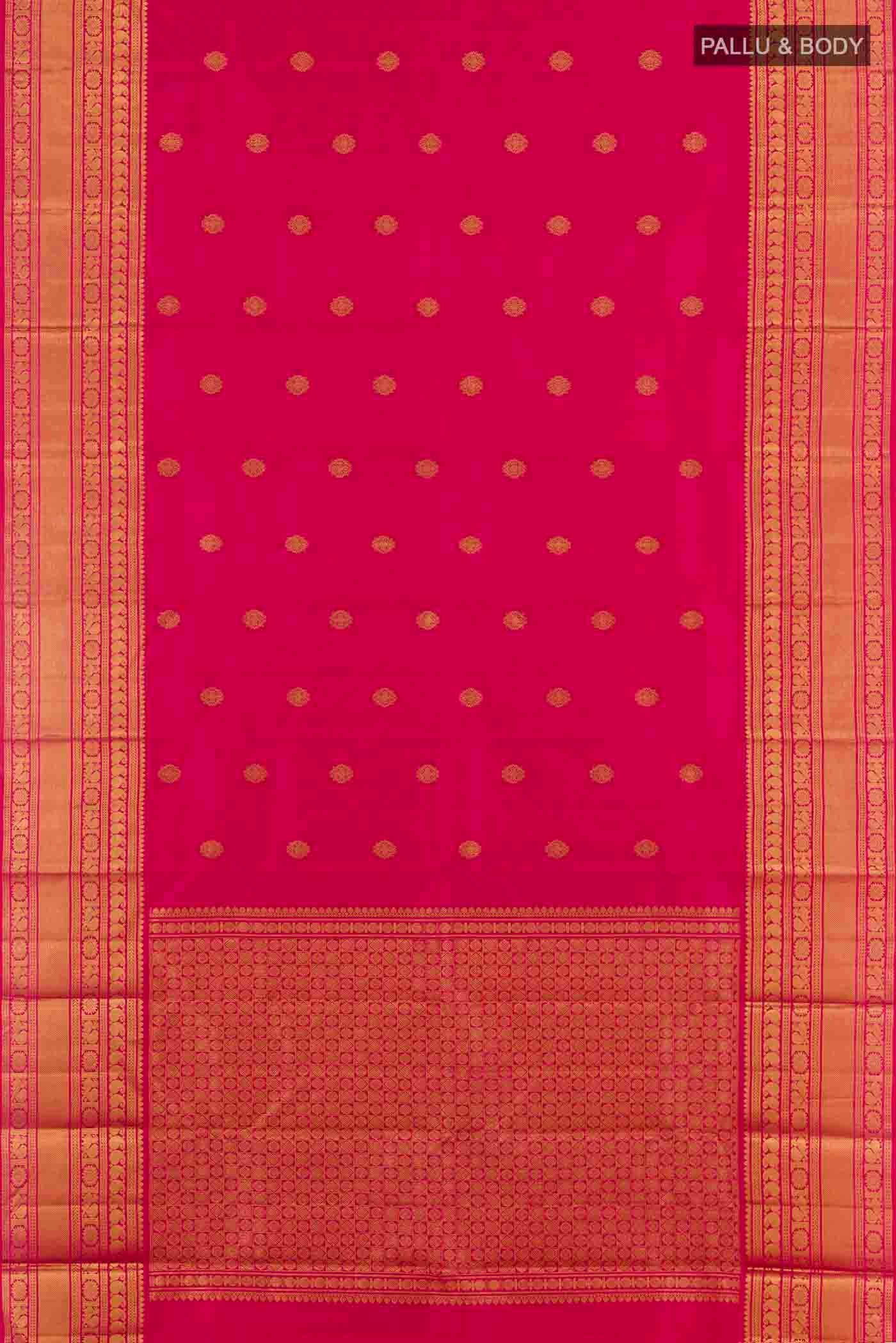 Flat view of Pure Silk Pure Zari Pink Dual Tone Kanchipuram Saree with Zari Butta on the body and Zari Border