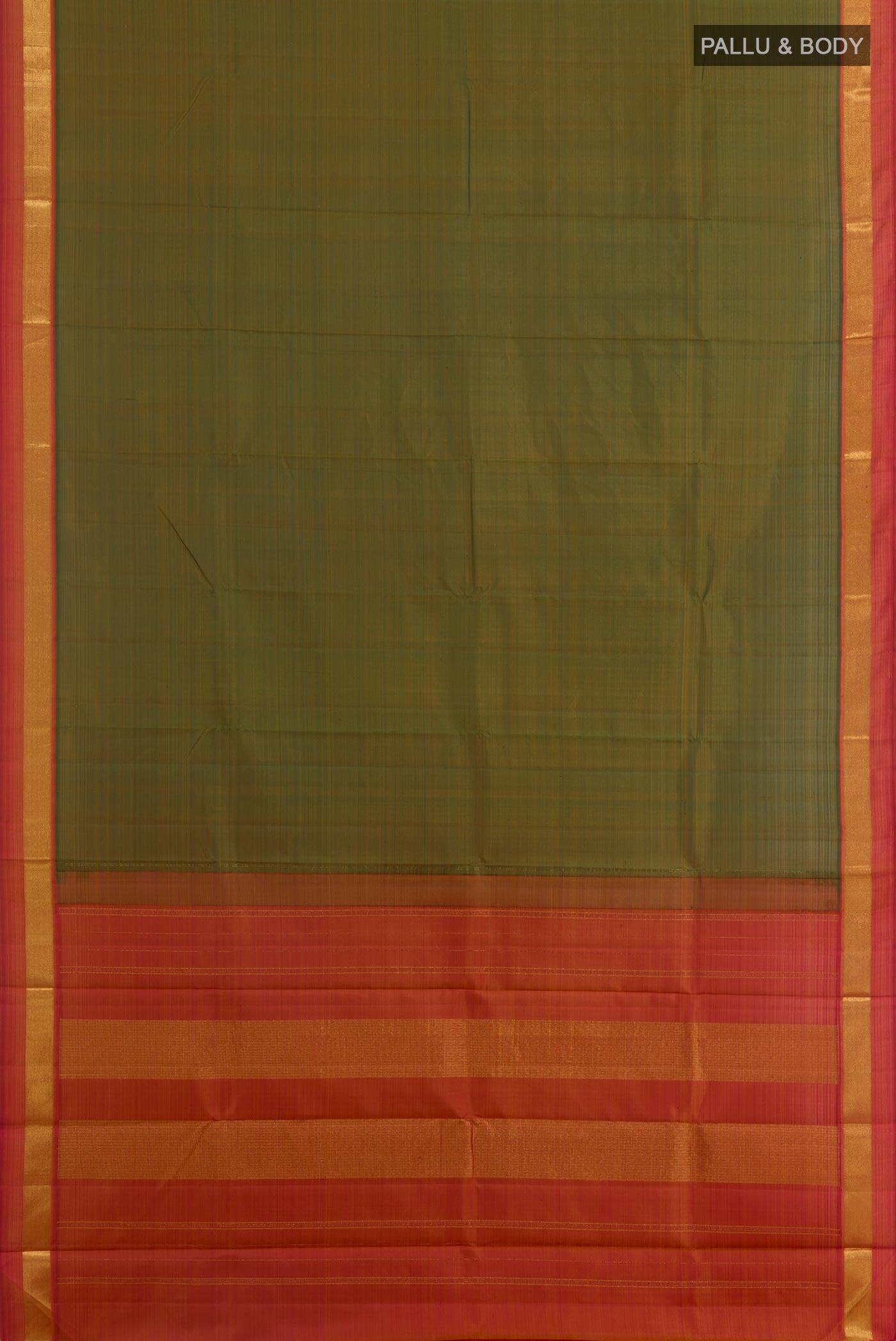 Flat view of Green Kanjivaram Silk Saree with Plain Body and Zari Border. 
