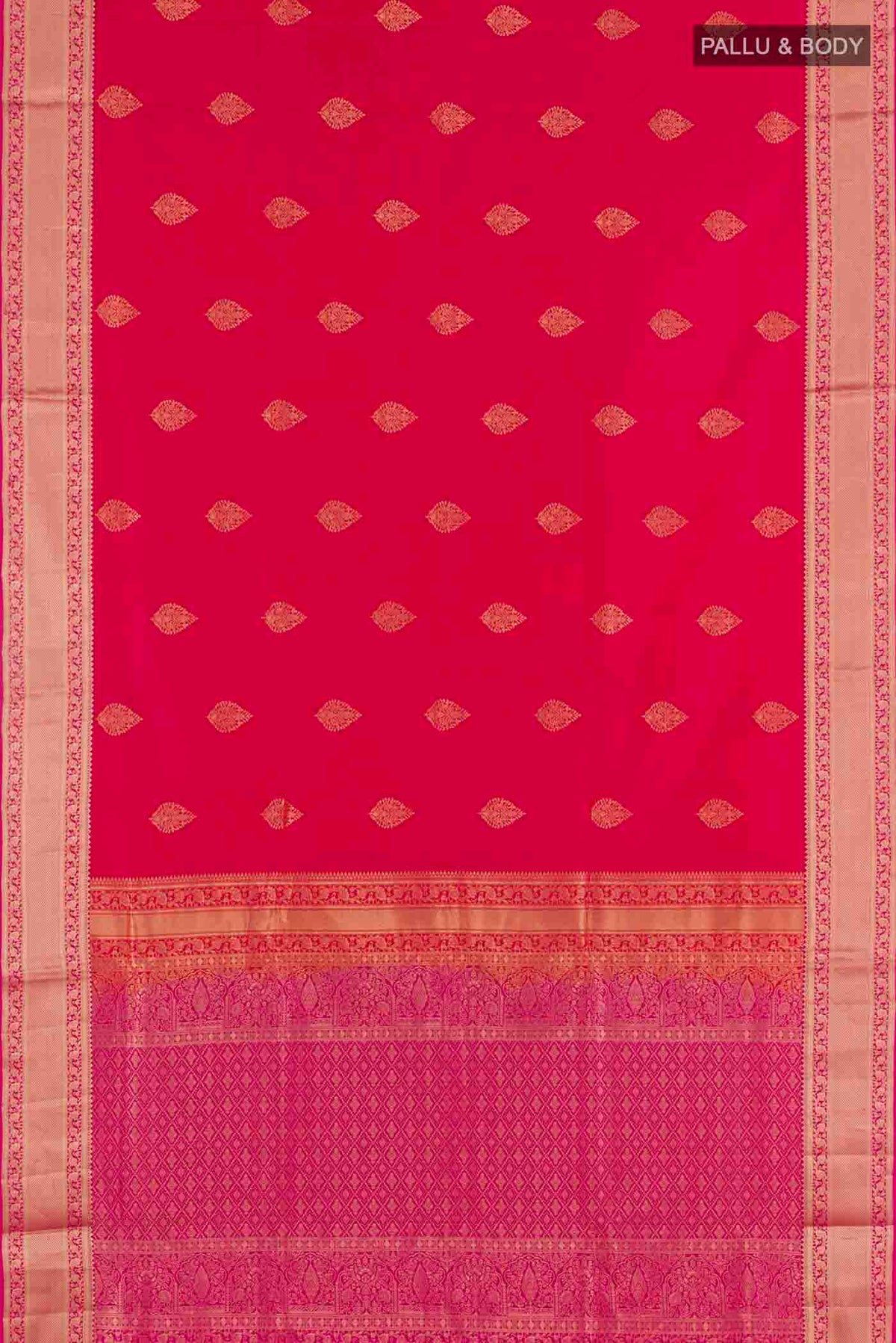 Flat view of Red Soft Silk Saree with Zari Butta on the body and Zari Border