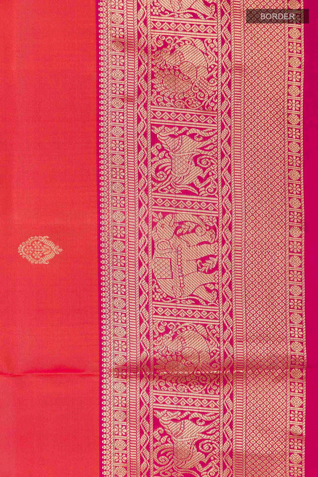 Border image of Peach Soft Silk Saree with Zari Butta on the body and Zari Border