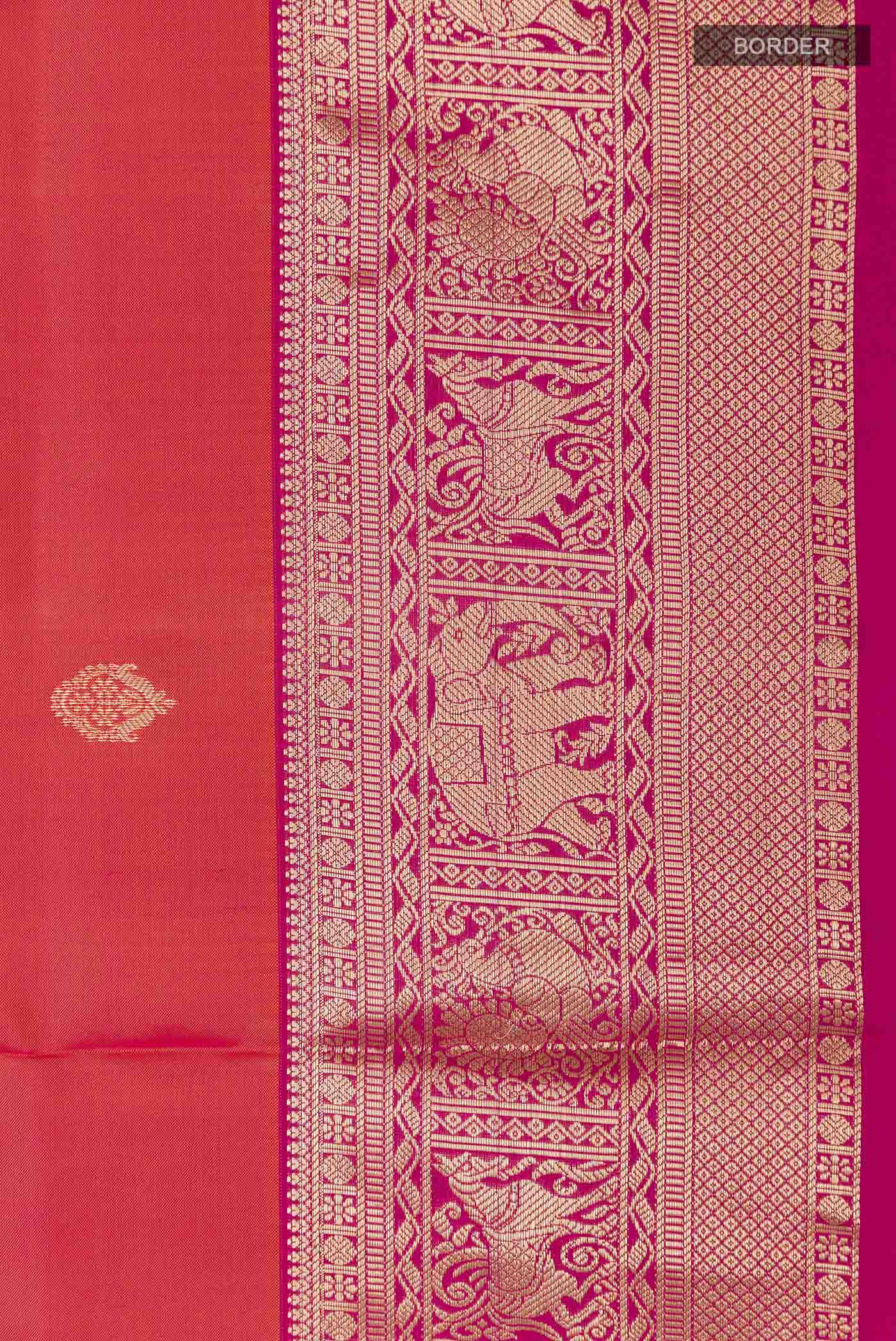 Border image of Peach Soft Silk Saree with Zari Butta on the body and Zari Border