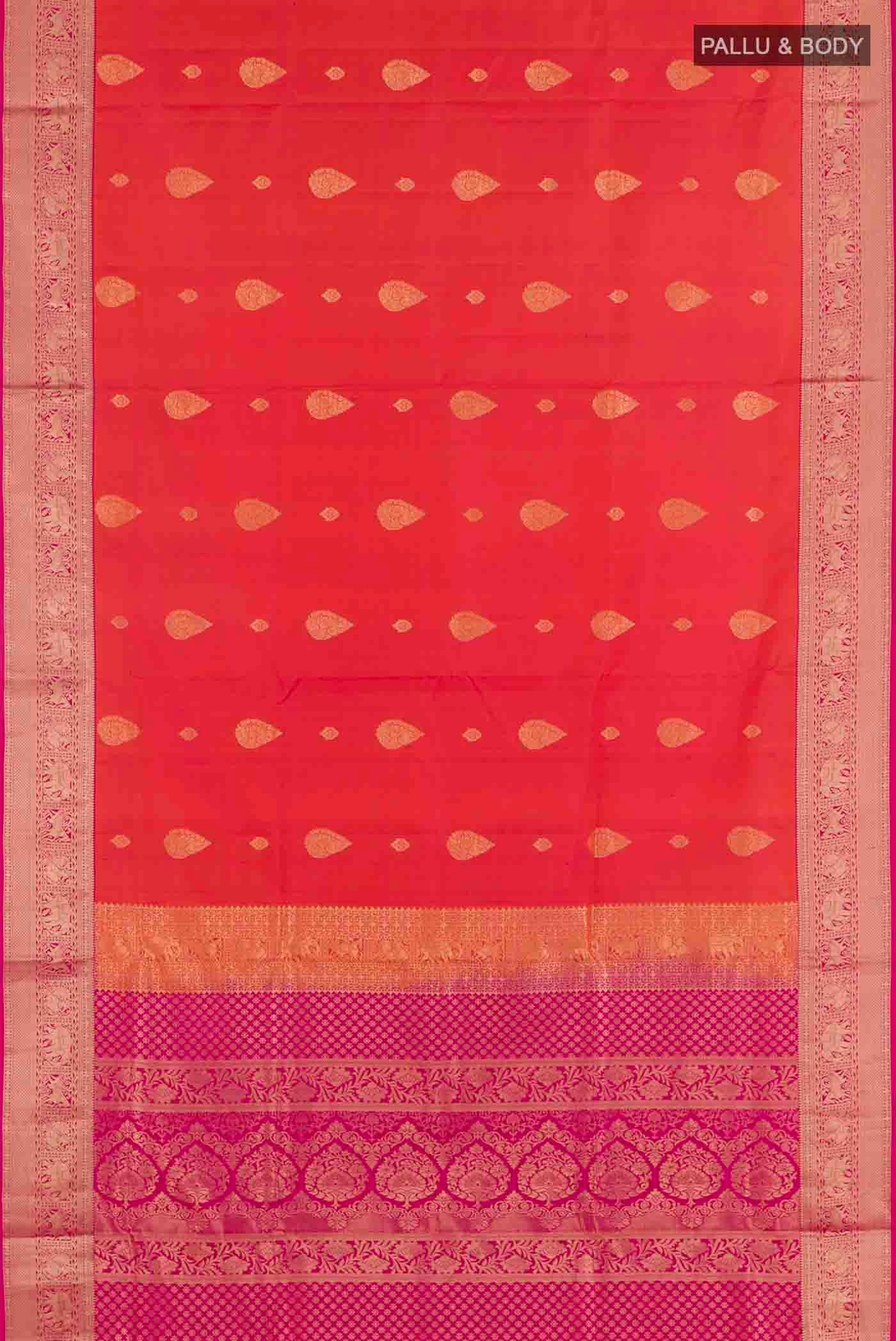 Flat view of Peach Soft Silk Saree with Zari Butta on the body and Zari Border