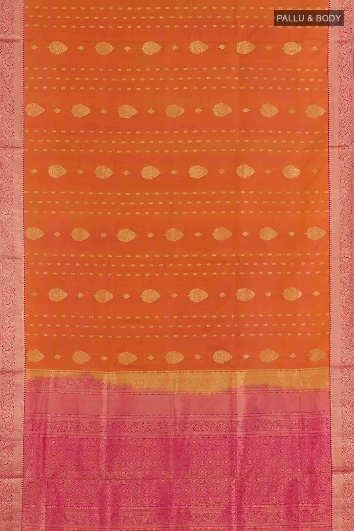 Flat view of Peach Dual Tone Soft Silk Saree with Zari Butta on the body and Zari Border