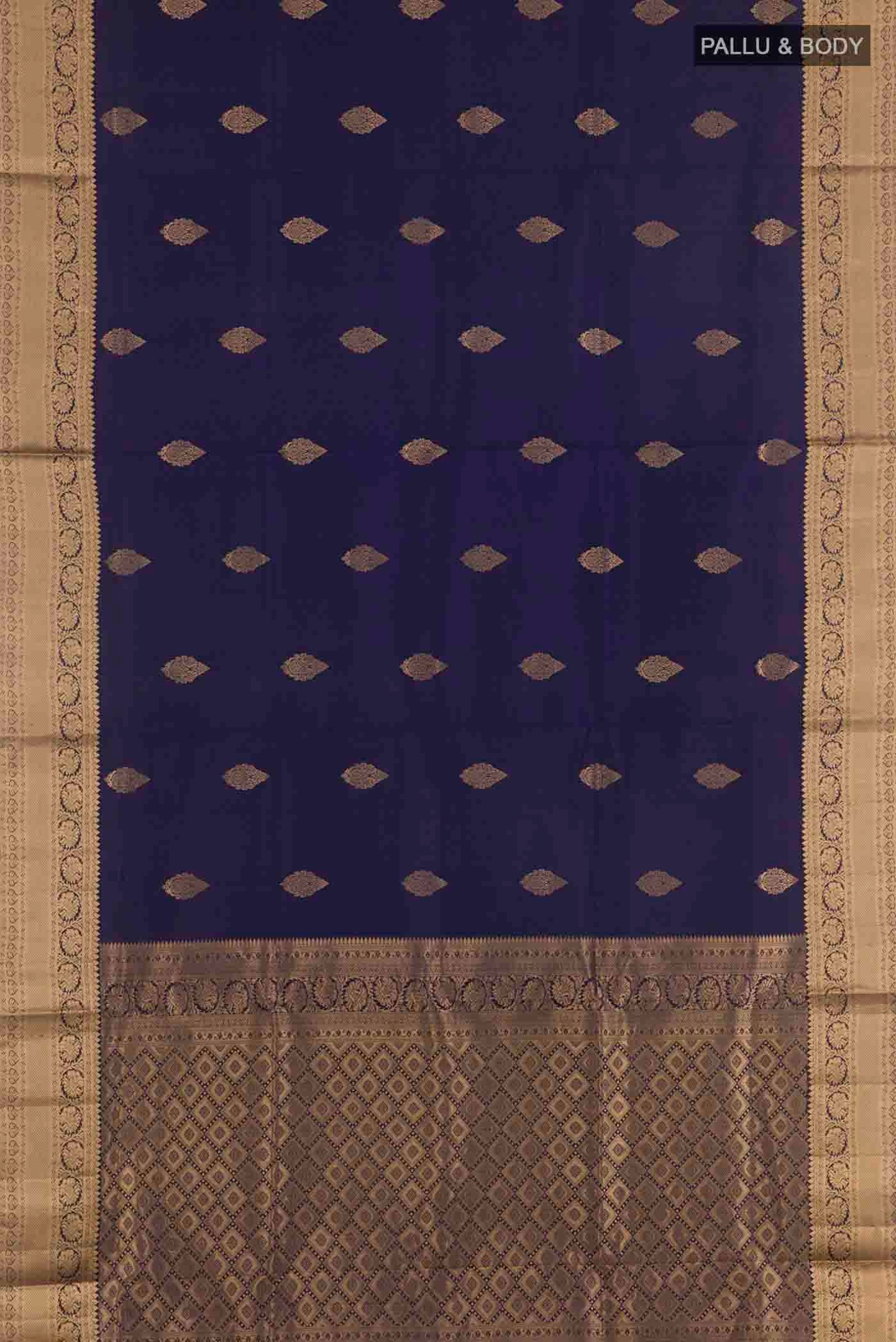 Flat view of Navy Blue Soft Silk Saree with Zari Butta on the body and Zari Border