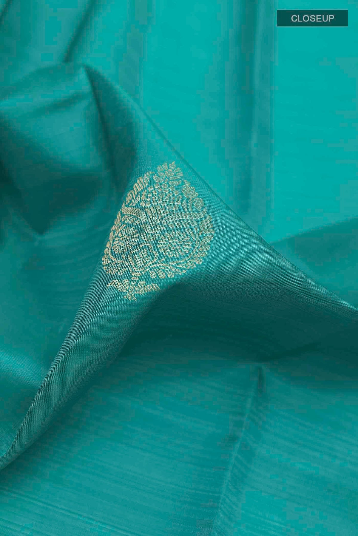 Close up of Sea Green Kanchipuram Silk Saree with Zari Butta on the body and Zari Border displaying folds