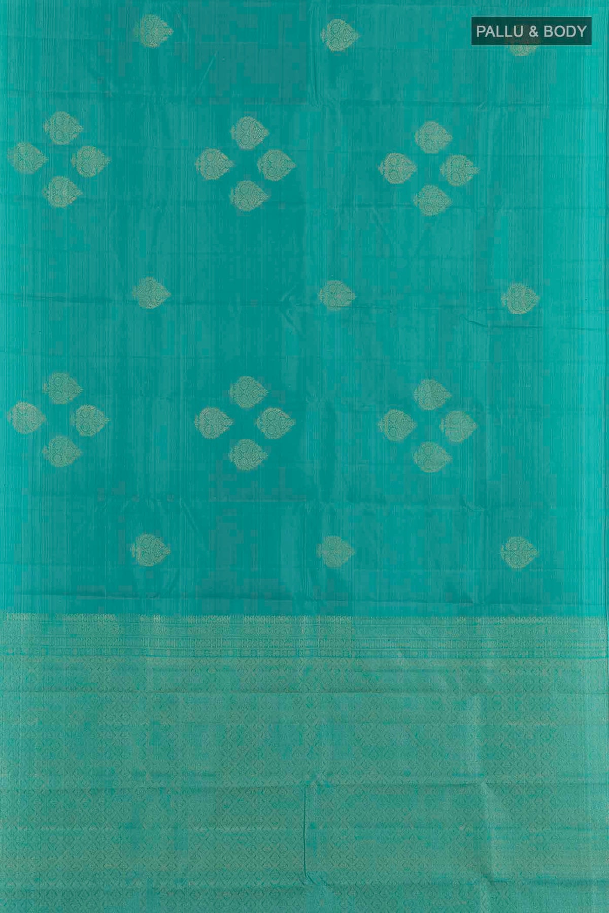 Flat view of Sea Green Kanchipuram Silk Saree with Zari Butta on the body and Zari Border