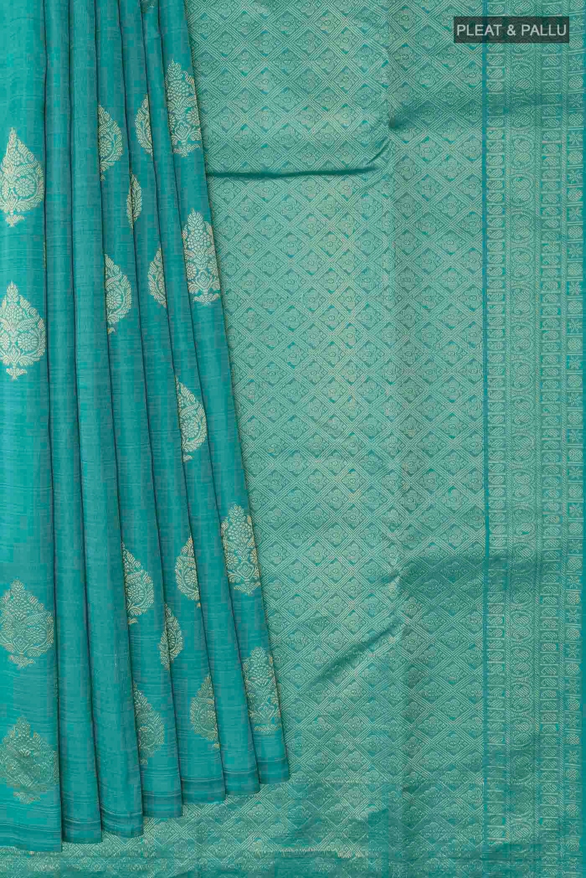 Pleats and pallu of Sea Green Kanchipuram Silk Saree with Zari Butta on the body and Zari Border