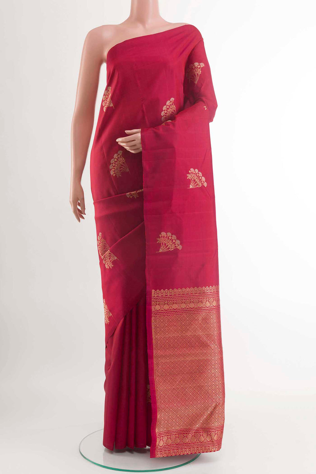 Maroon Kanchipuram Silk Saree with Zari Butta on the body and Zari Border displayed on a mannequin