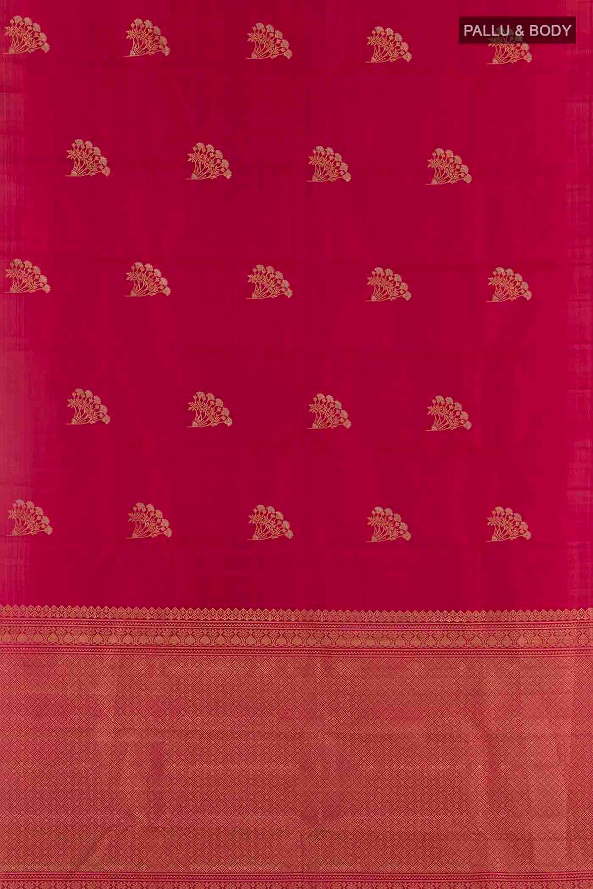 Flat view of Maroon Kanchipuram Silk Saree with Zari Butta on the body and Zari Border