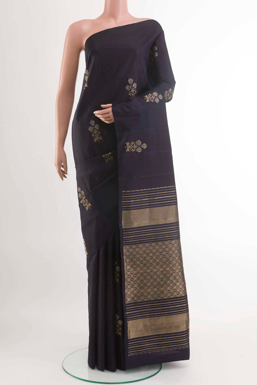 Dark Blue Kanchipuram Silk Saree with Zari Butta on the body and Zari Border displayed on a mannequin
