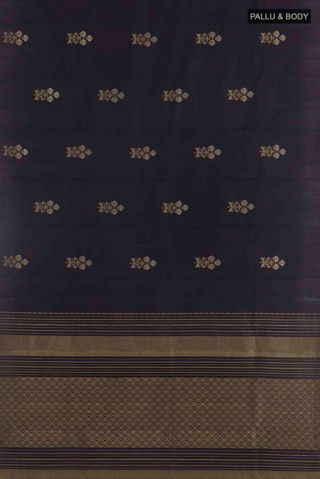Flat view of Dark Blue Kanchipuram Silk Saree with Zari Butta on the body and Zari Border