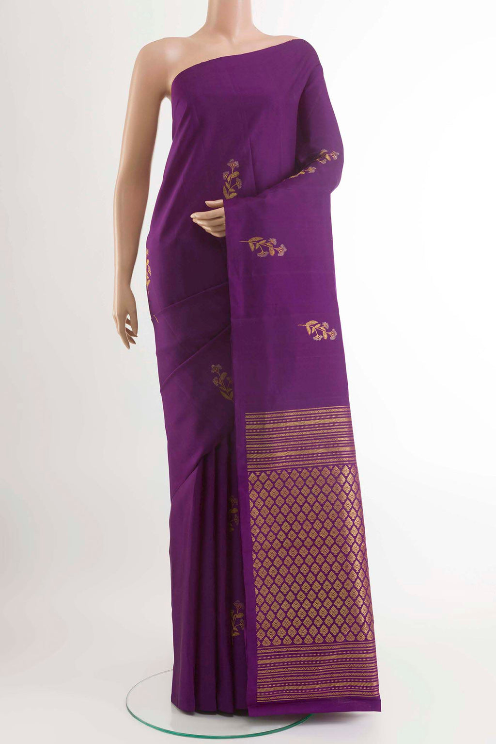 Dark Blue Kanchipuram Silk Saree with Zari Butta on the body and Zari Border displayed on a mannequin