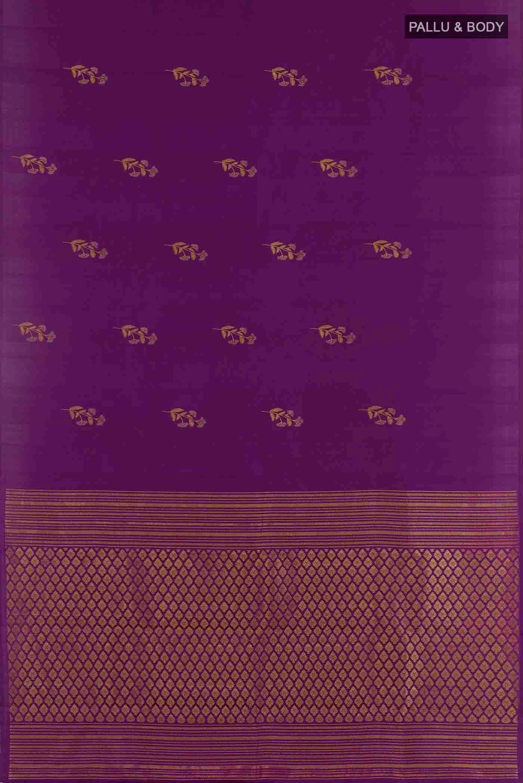 Flat view of Dark Blue Kanchipuram Silk Saree with Zari Butta on the body and Zari Border