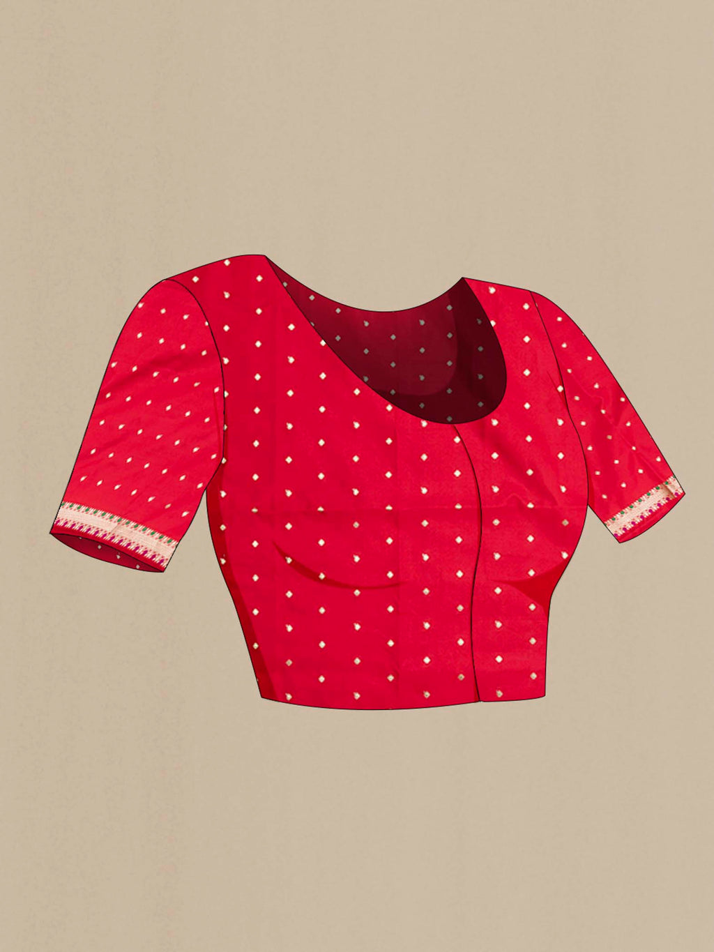 Close up image of the blouse of Red Banarasi Silk Saree with Plain Body and Zari Border