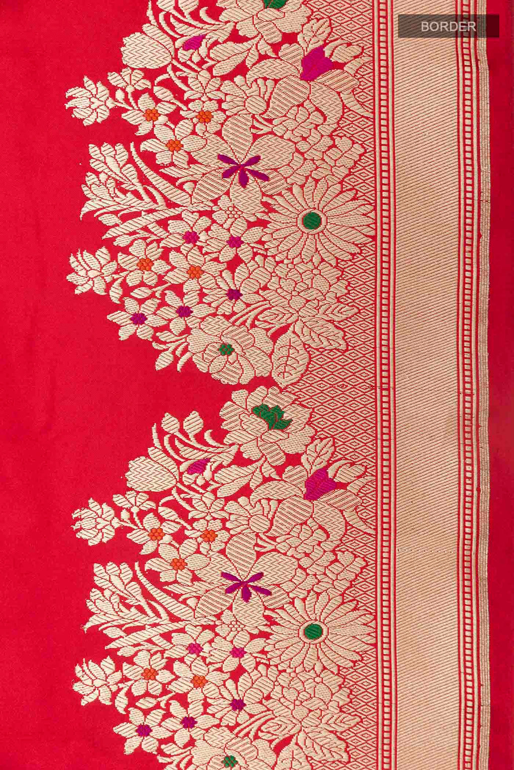 Border image of Red Banarasi Silk Saree with Plain Body and Zari Border