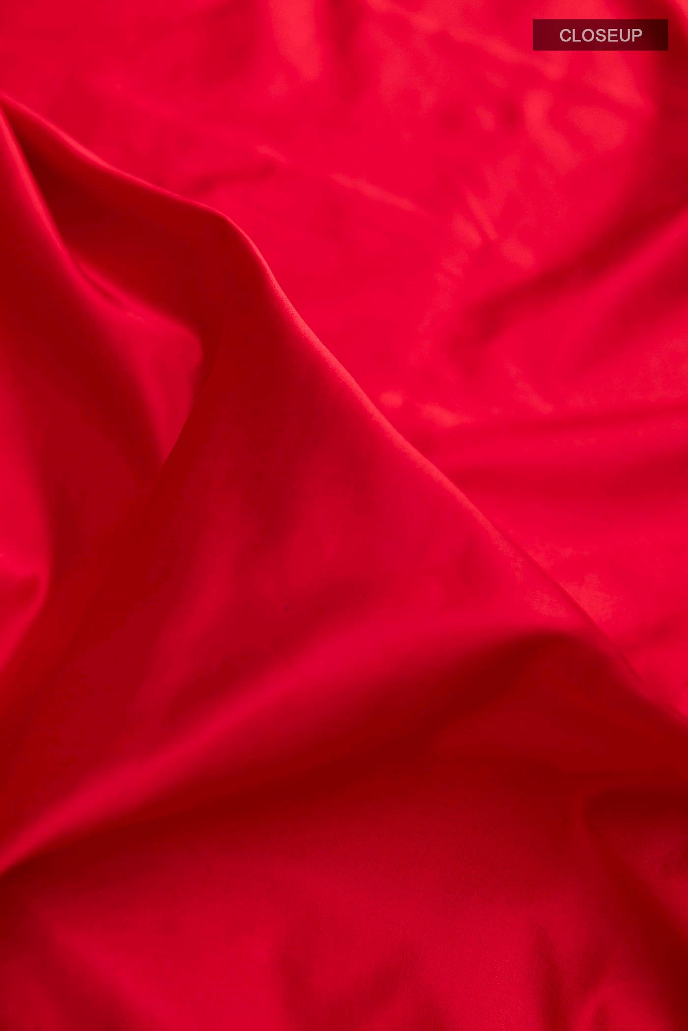 Close up of Red Banarasi Silk Saree with Plain Body and Zari Border displaying folds
