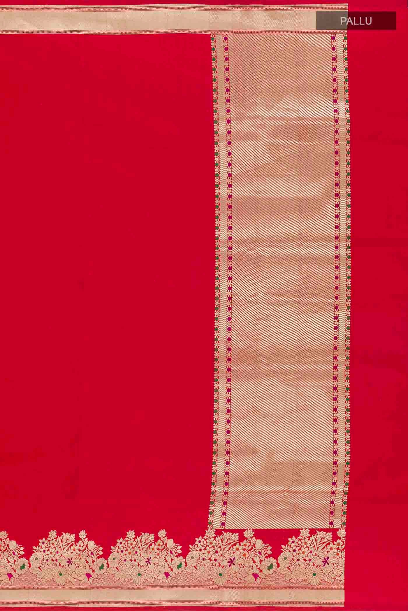 Close up image of the pallu of Red Banarasi Silk Saree with Plain Body and Zari Border
