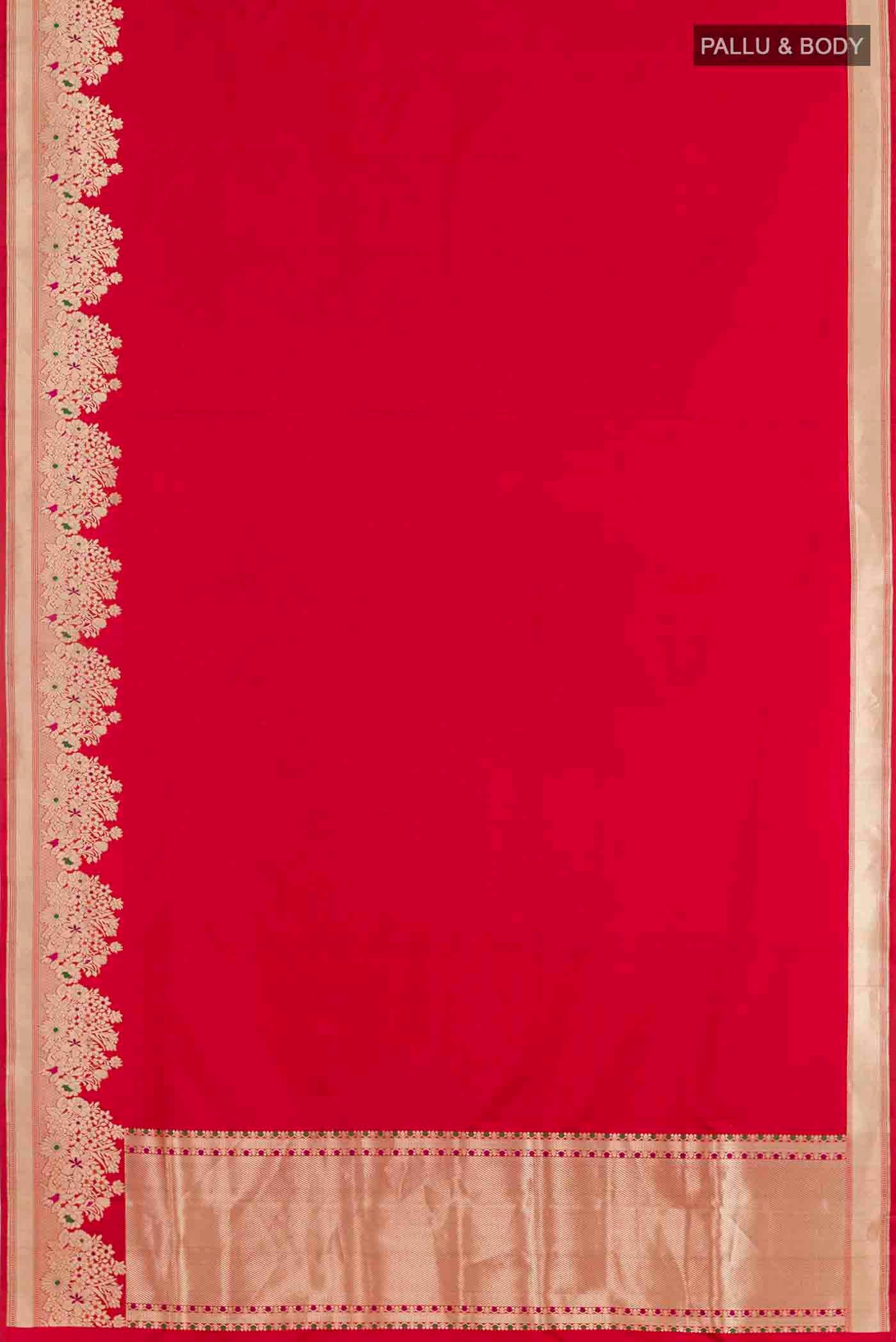 Flat view of Red Banarasi Silk Saree with Plain Body and Zari Border