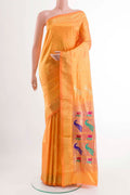 Yellow Dual Tone Paithani Silk Saree with Zari Butta on the body and Zari Border displayed on a mannequin