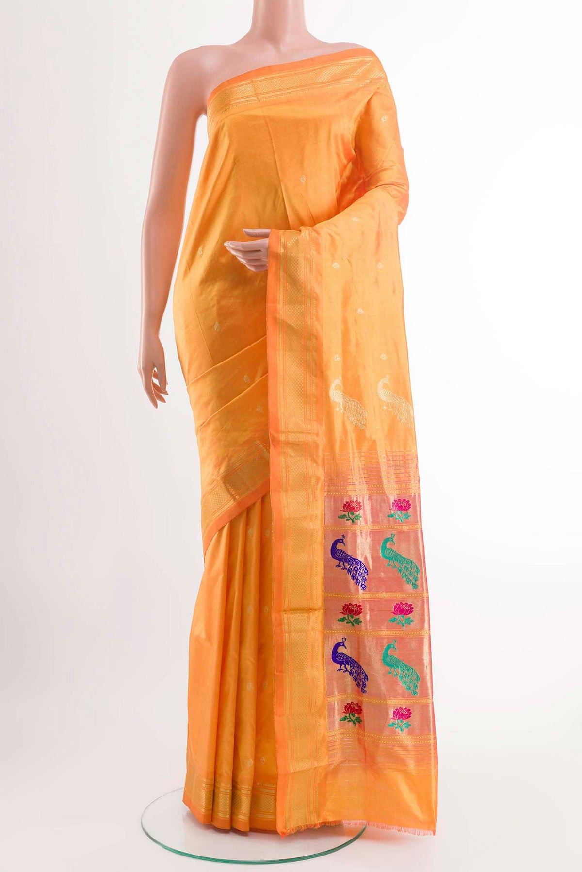 Yellow Dual Tone Paithani Silk Saree with Zari Butta on the body and Zari Border displayed on a mannequin