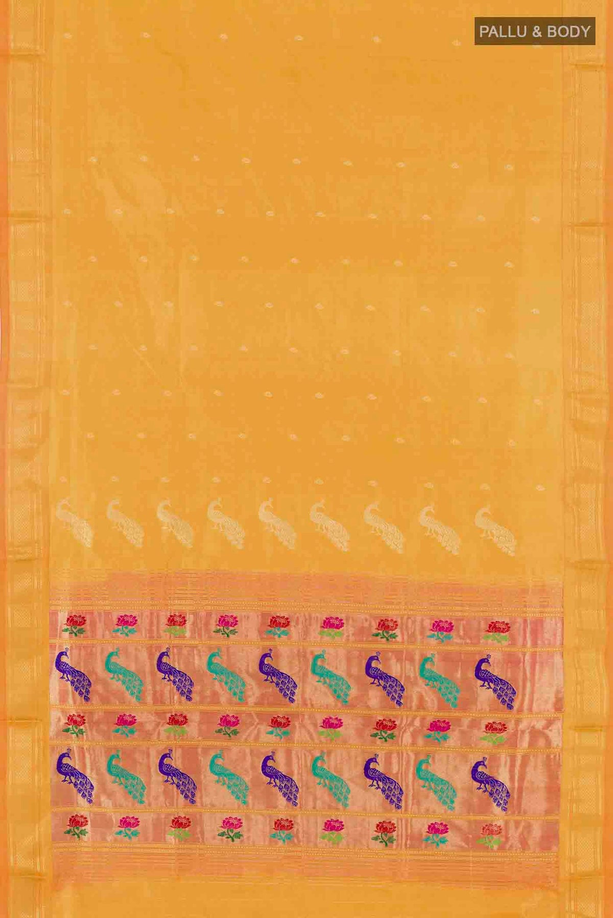Flat view of Yellow Dual Tone Paithani Silk Saree with Zari Butta on the body and Zari Border