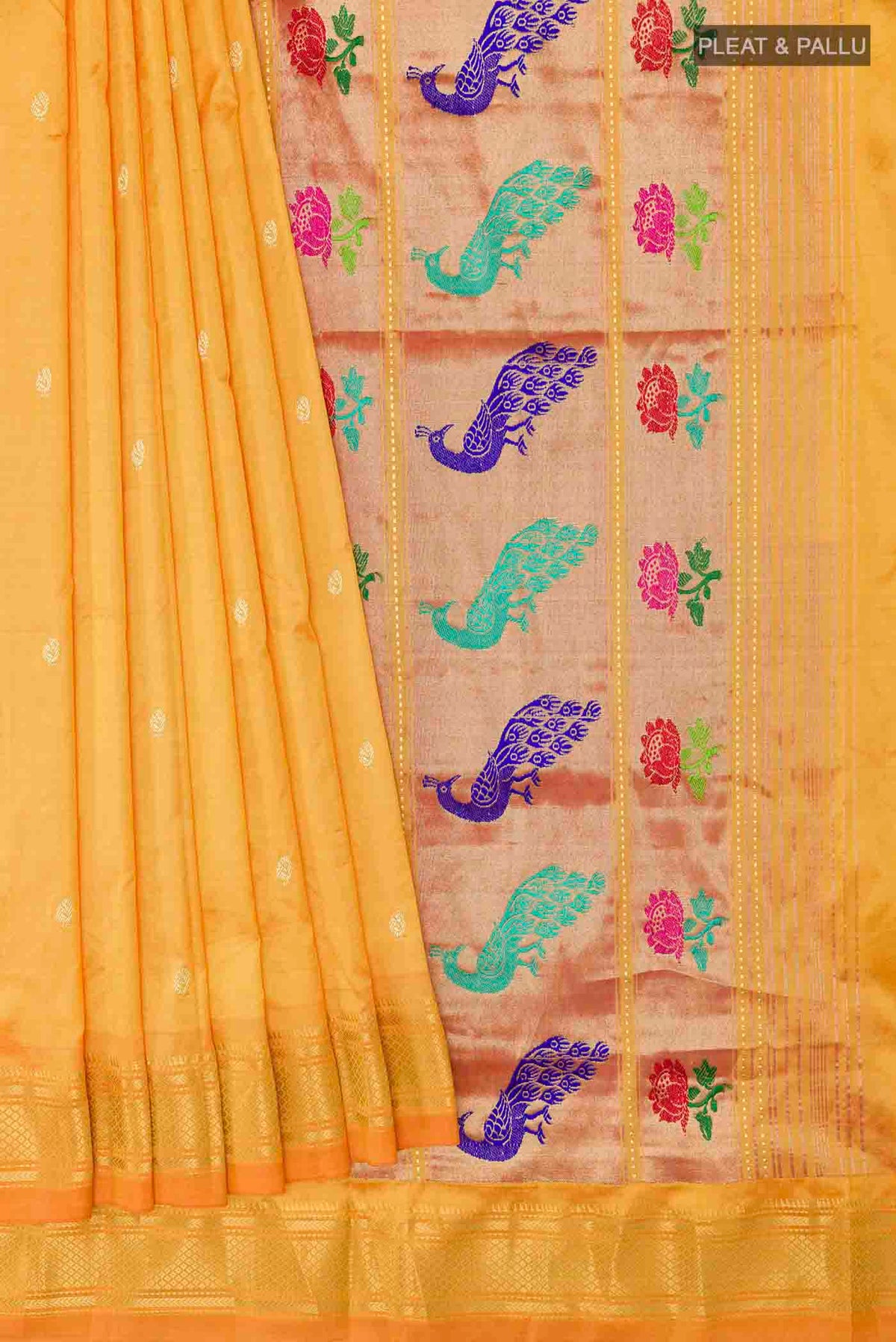 Pleats and pallu of Yellow Dual Tone Paithani Silk Saree with Zari Butta on the body and Zari Border