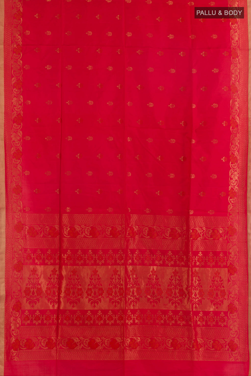 Flat view of Pure Silk Red Soft Saree with Zari Butta on the body and Zari Border. 