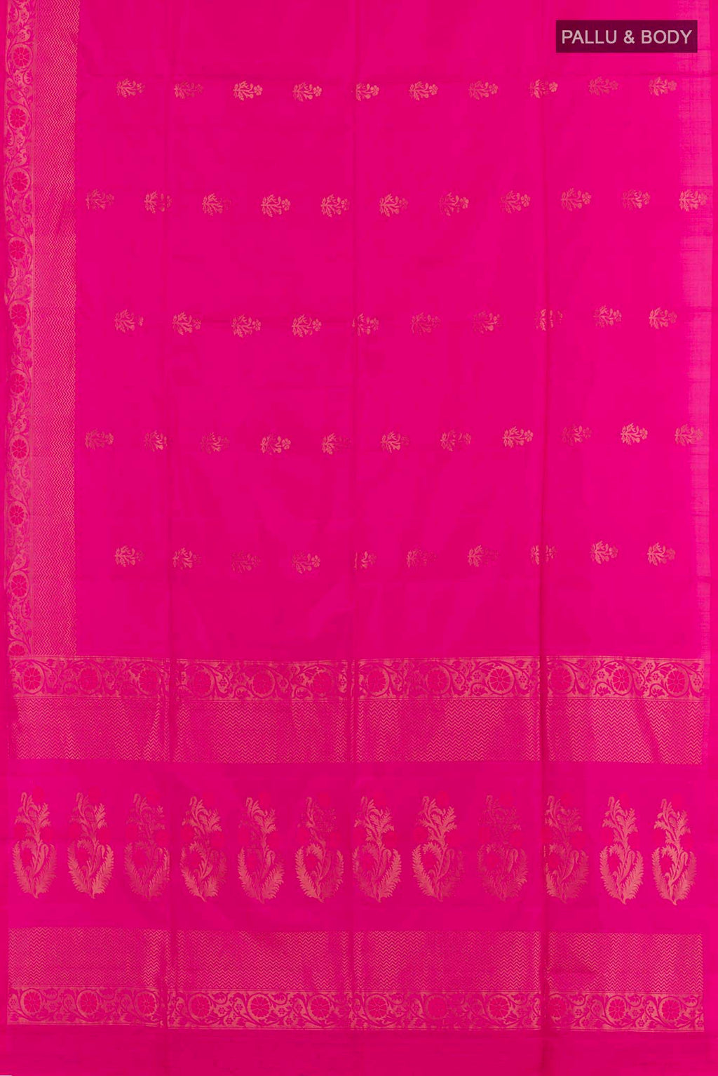 Flat view of Pink Soft Silk Saree with Zari Butta on the body and Zari Border. 