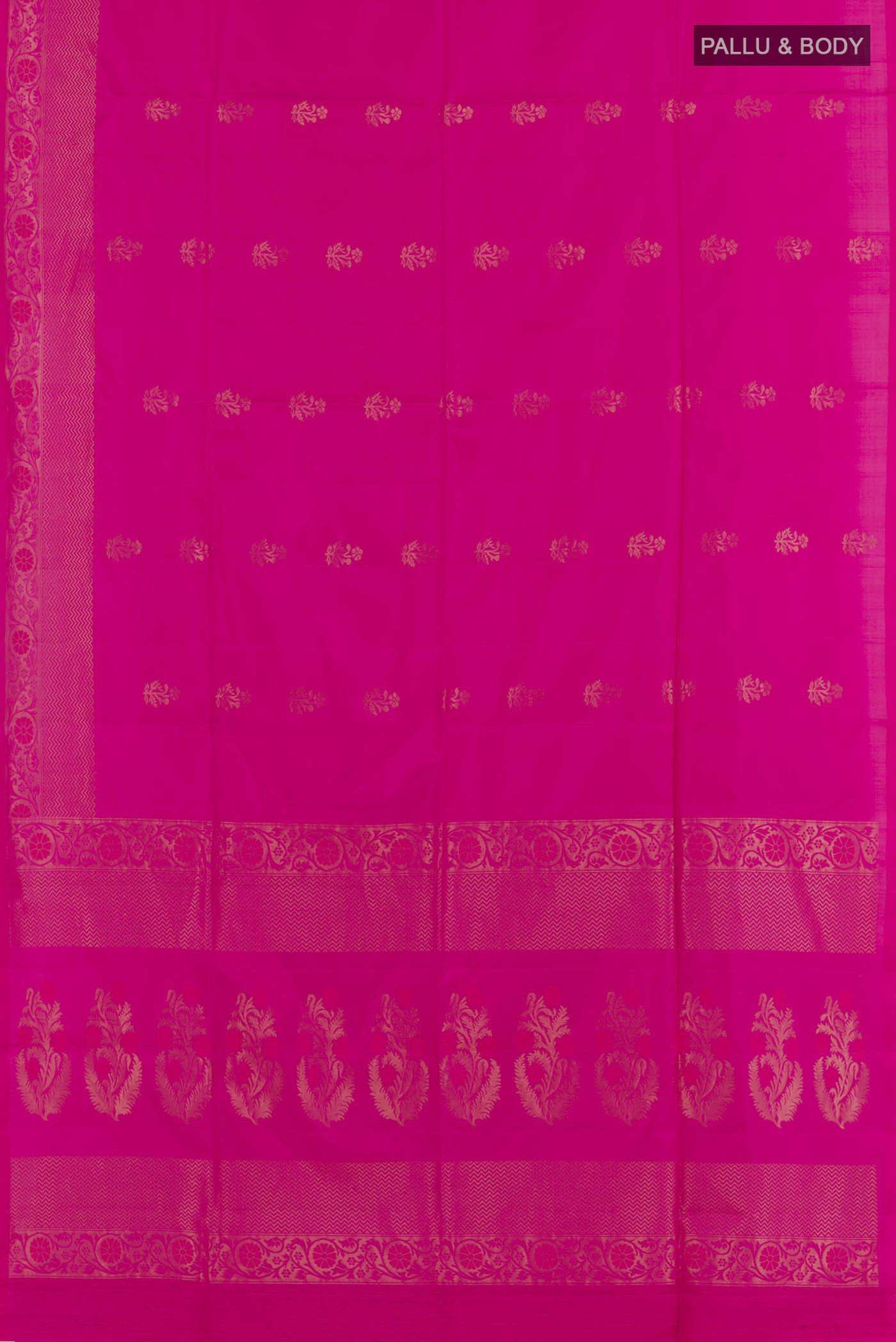 Flat view of Pink Soft Silk Saree with Zari Butta on the body and Zari Border. 