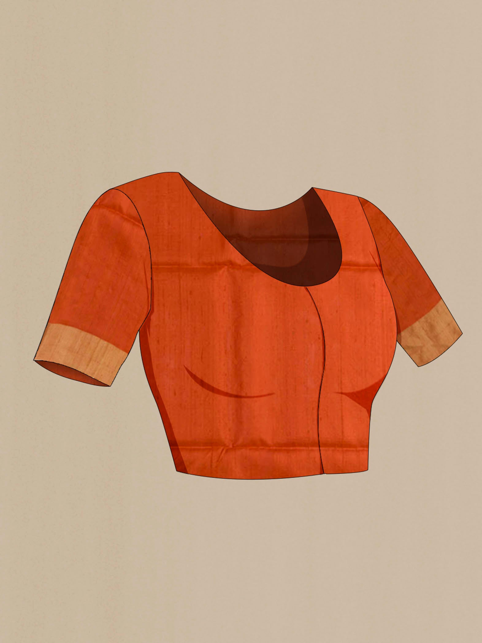 Close up image of the blouse of Orange Soft Silk Saree with Zari Butta on the body and Zari Border