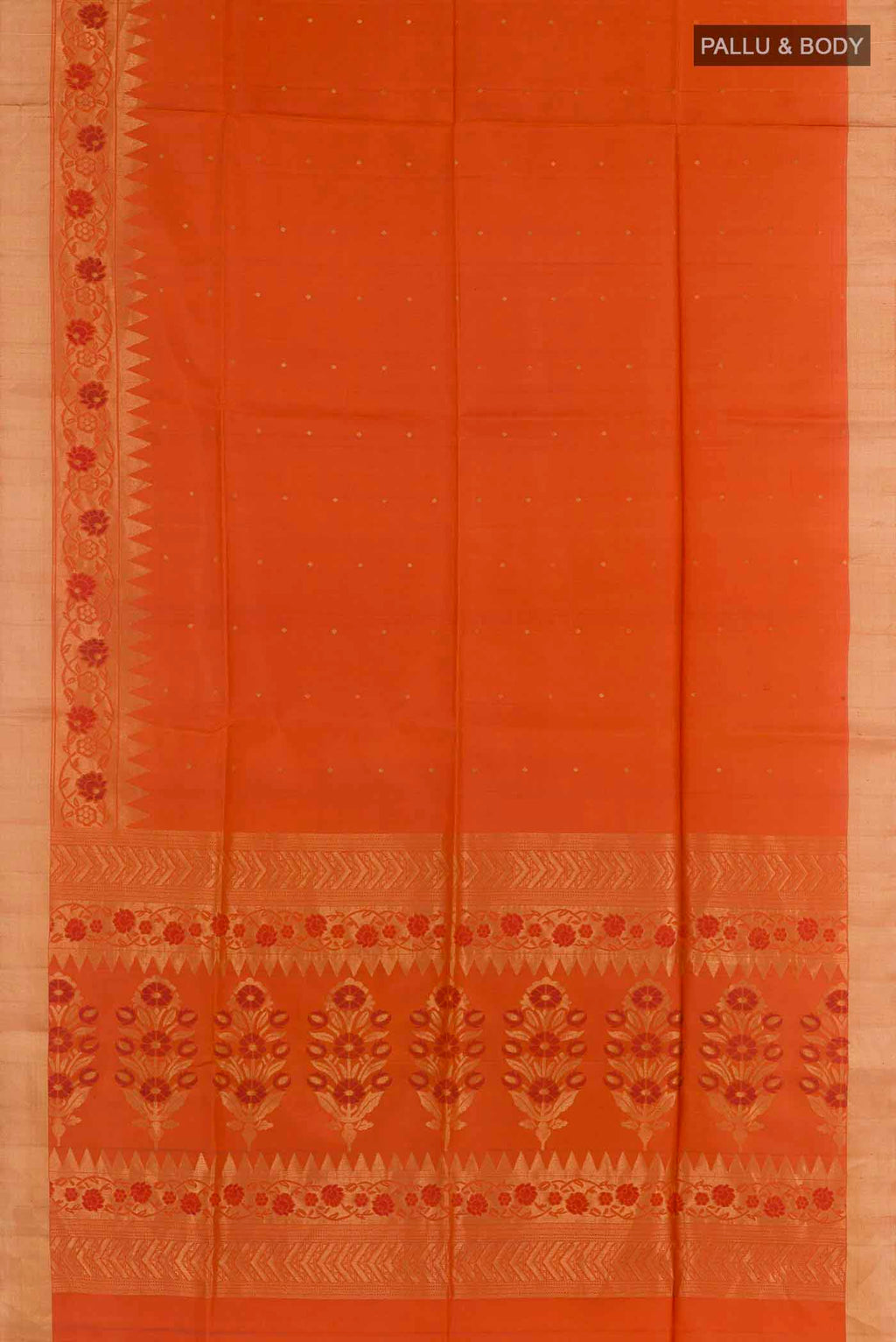 Flat view of Orange Soft Silk Saree with Zari Butta on the body and Zari Border