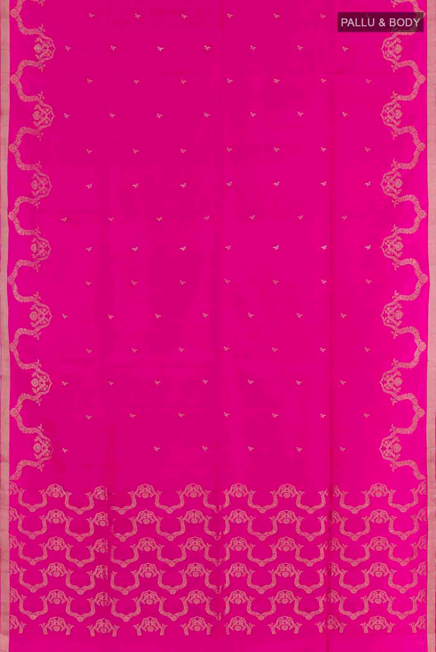 Flat view of Pink Soft Silk Saree with Zari Butta on the body and Zari Border