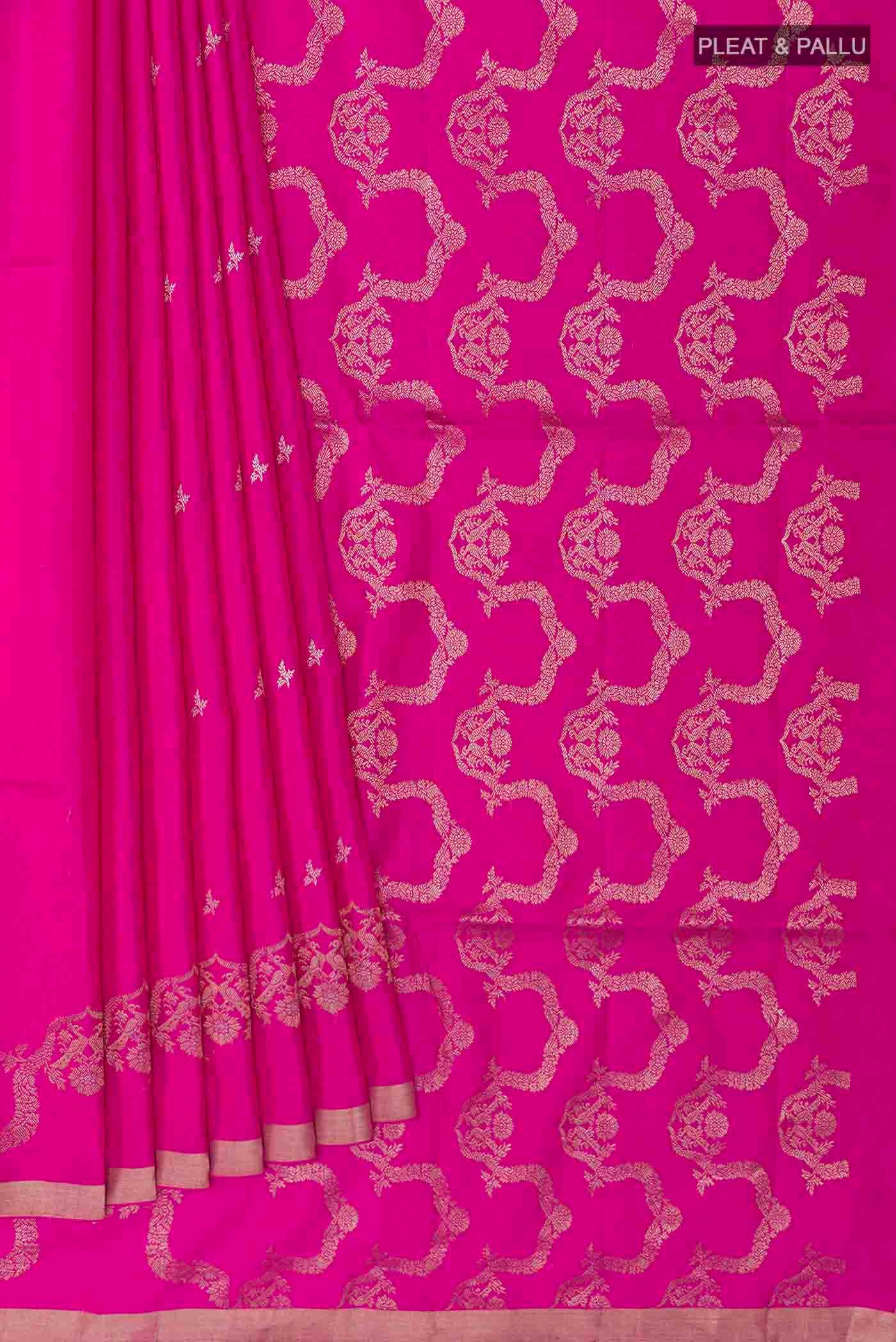 Pleats and pallu of Pink Soft Silk Saree with Zari Butta on the body and Zari Border
