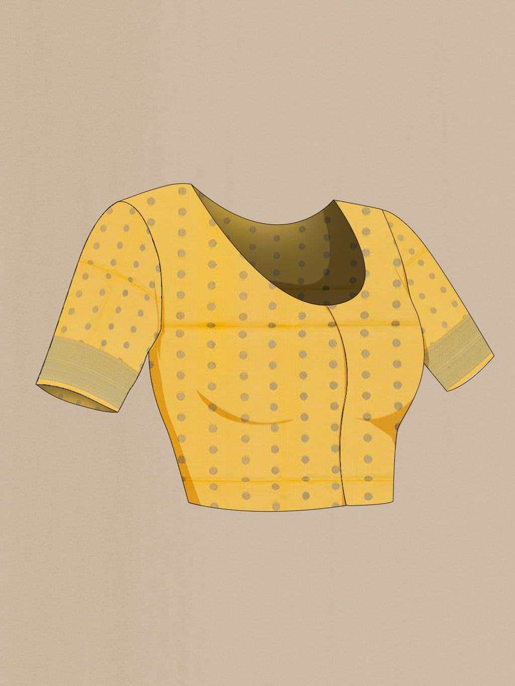 Close up image of the blouse of Yellow Soft Silk Saree with Jacquard design on the body and Zari Border. 