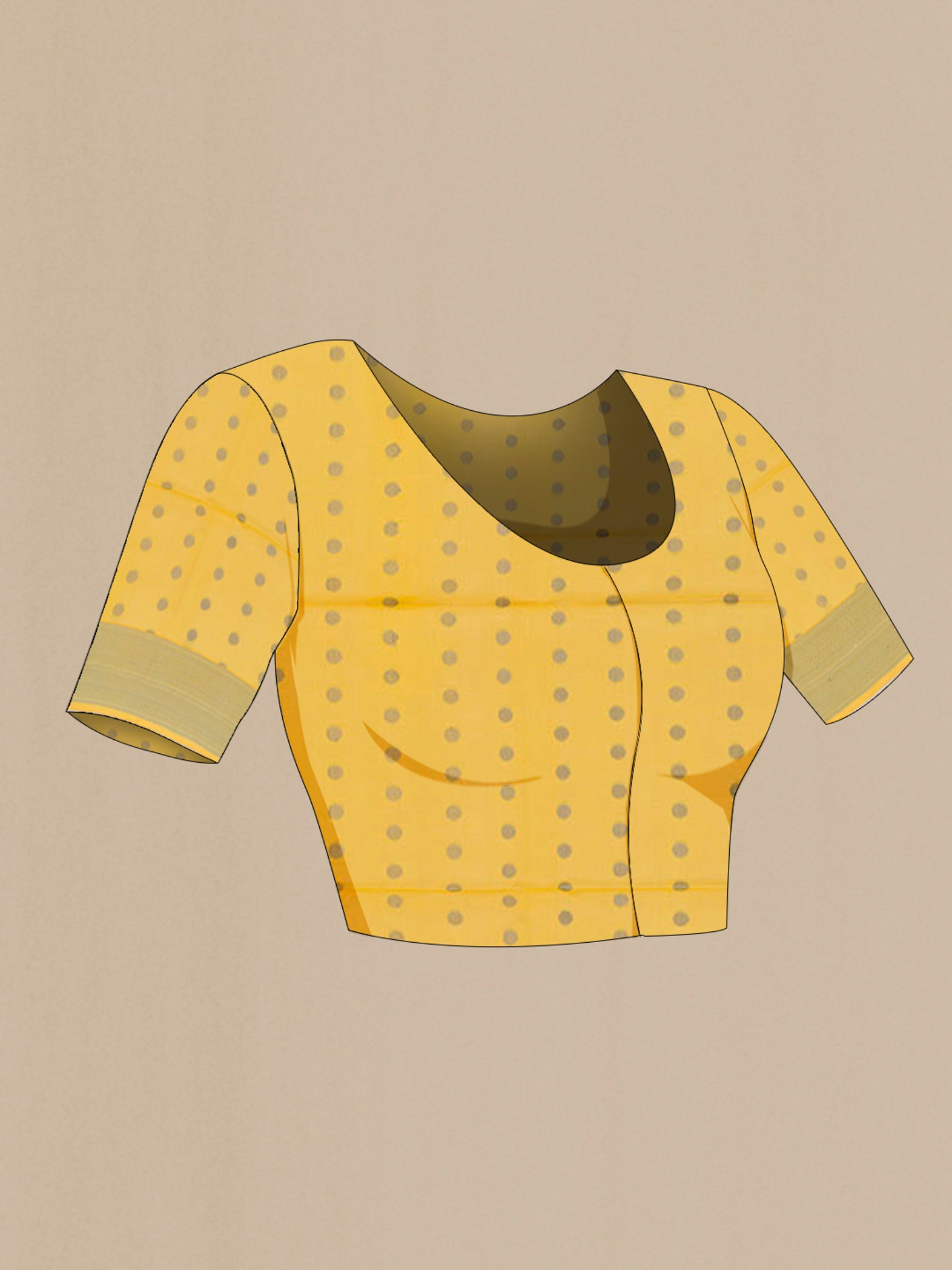 Close up image of the blouse of Yellow Soft Silk Saree with Jacquard design on the body and Zari Border. 