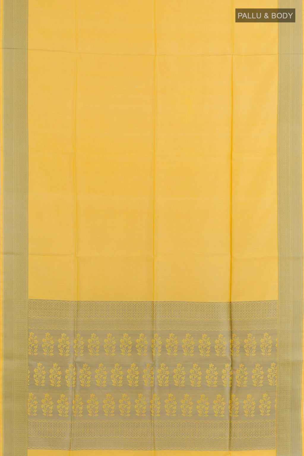 Flat view of Yellow Soft Silk Saree with Jacquard design on the body and Zari Border. 