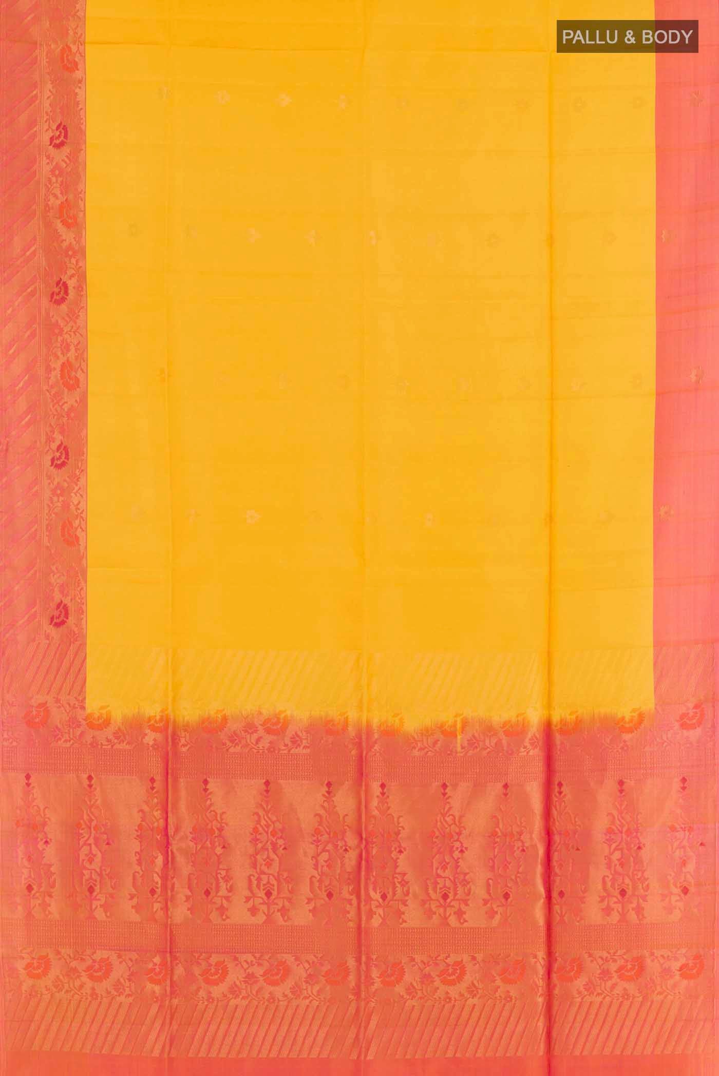 Flat view of Yellow Soft Silk Saree with Zari Butta on the body and Zari Border