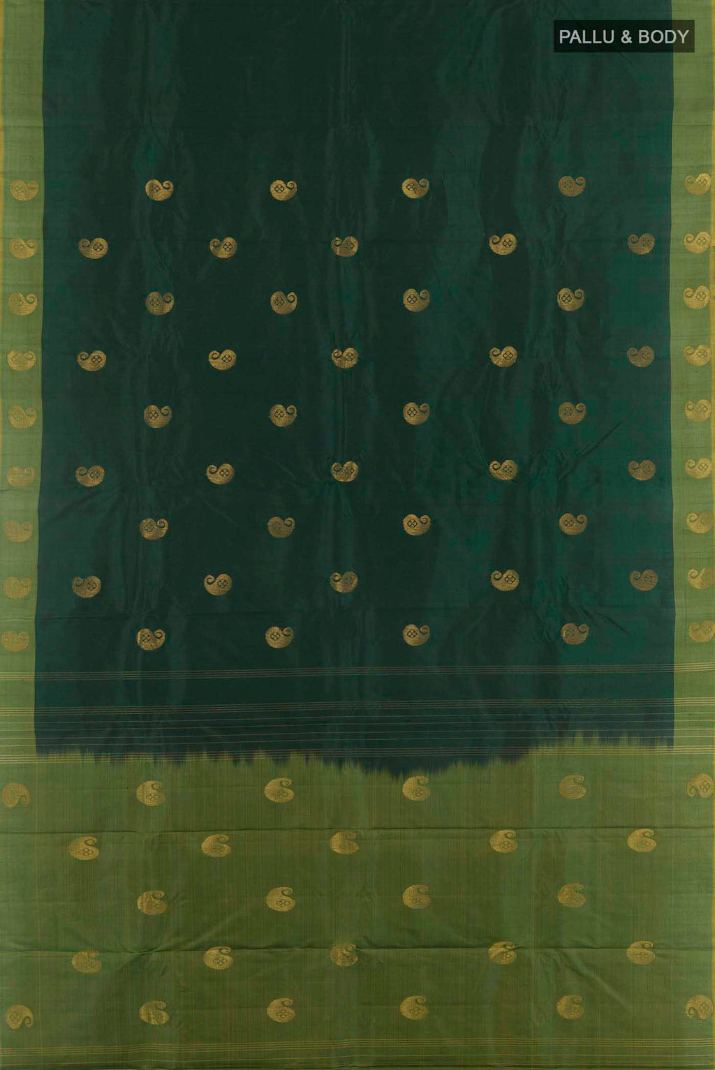 Flat view of Bottle Green Kanchipuram Silk Saree with Zari Butta on the body and Zari Border