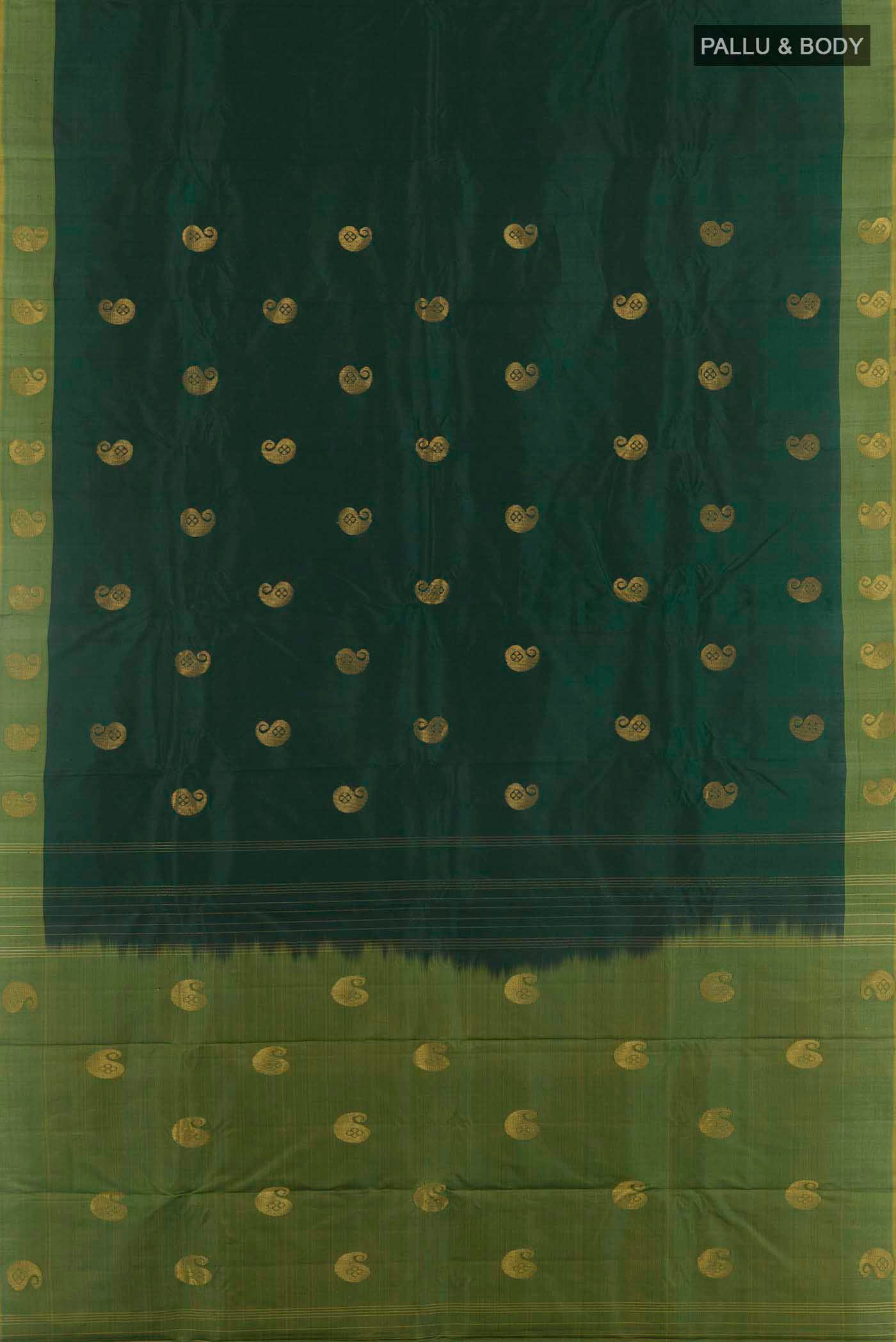 Flat view of Bottle Green Kanchipuram Silk Saree with Zari Butta on the body and Zari Border