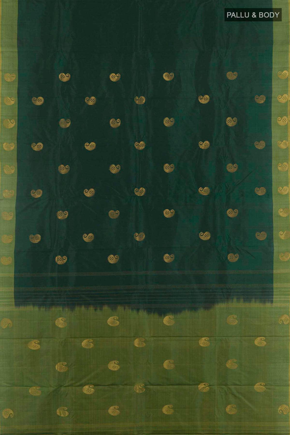 Flat view of Bottle Green Kanchipuram Silk Saree with Zari Butta on the body and Zari Border