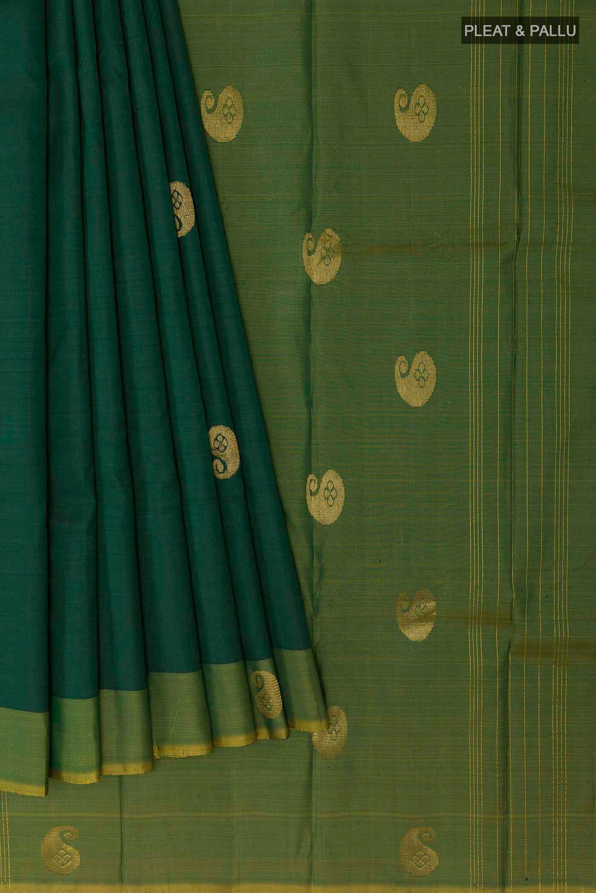 Pleats and pallu of Bottle Green Kanchipuram Silk Saree with Zari Butta on the body and Zari Border