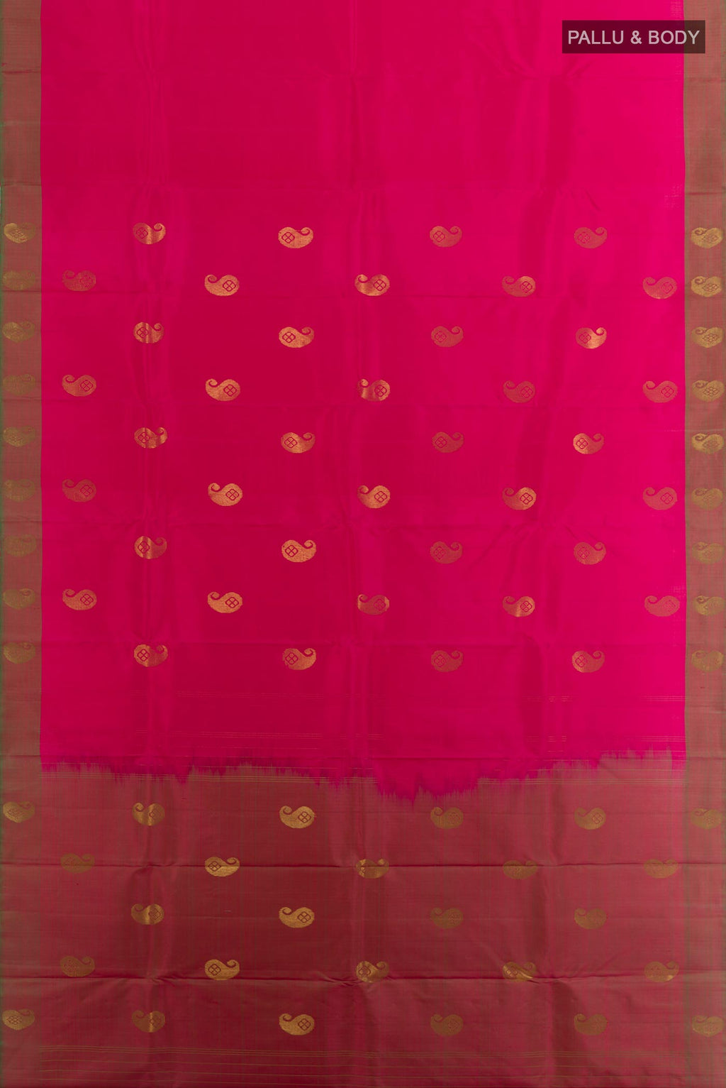 Flat view of Pink Kanchipuram Silk Saree with Zari Butta on the body and Fancy Border. 