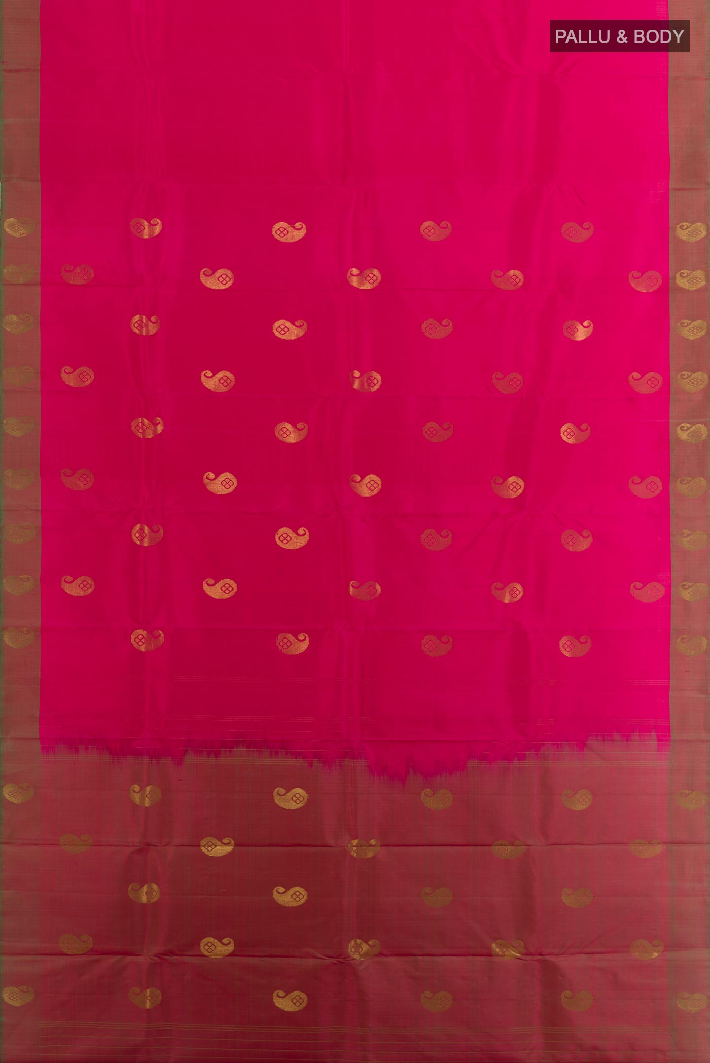 Flat view of Pink Kanchipuram Silk Saree with Zari Butta on the body and Fancy Border. 