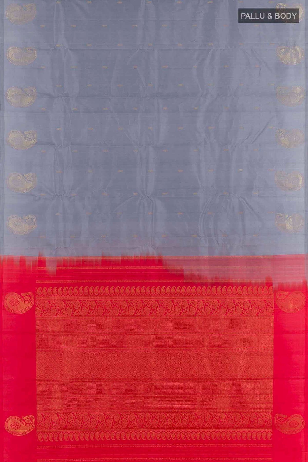Flat view of Grey Kanchipuram Silk Saree with Zari Butta on the body and Zari Border