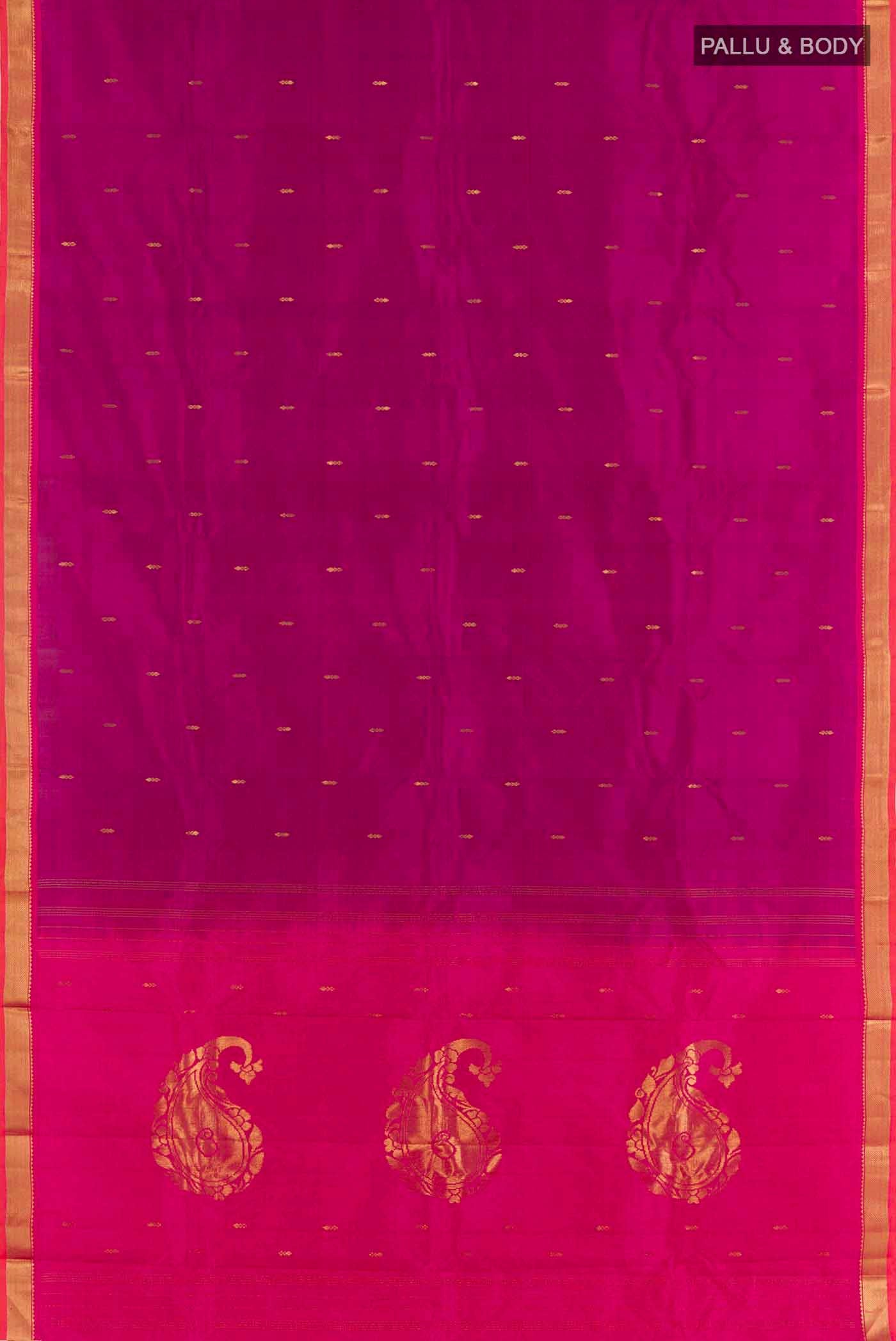 Flat view of Purple Kanchipuram Silk Saree with Zari Butta on the body and Zari Border
