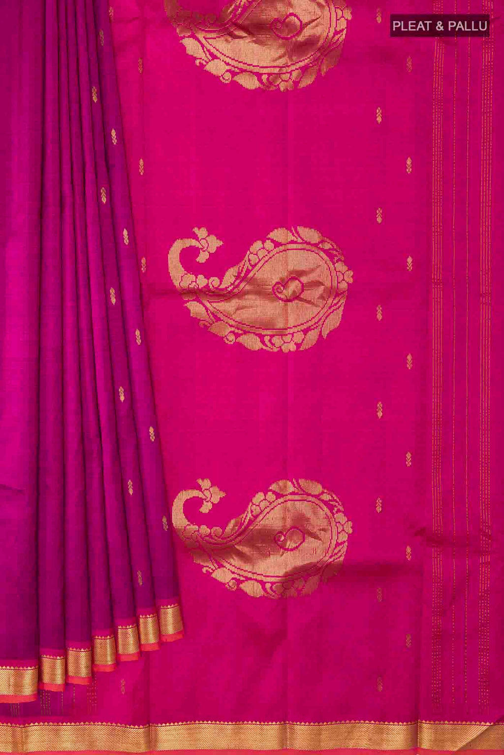 Pleats and pallu of Purple Kanchipuram Silk Saree with Zari Butta on the body and Zari Border