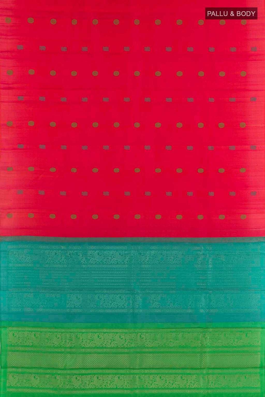 Flat view of Pink Kanchipuram Silk Saree with Thread Butta on the body and Without Border