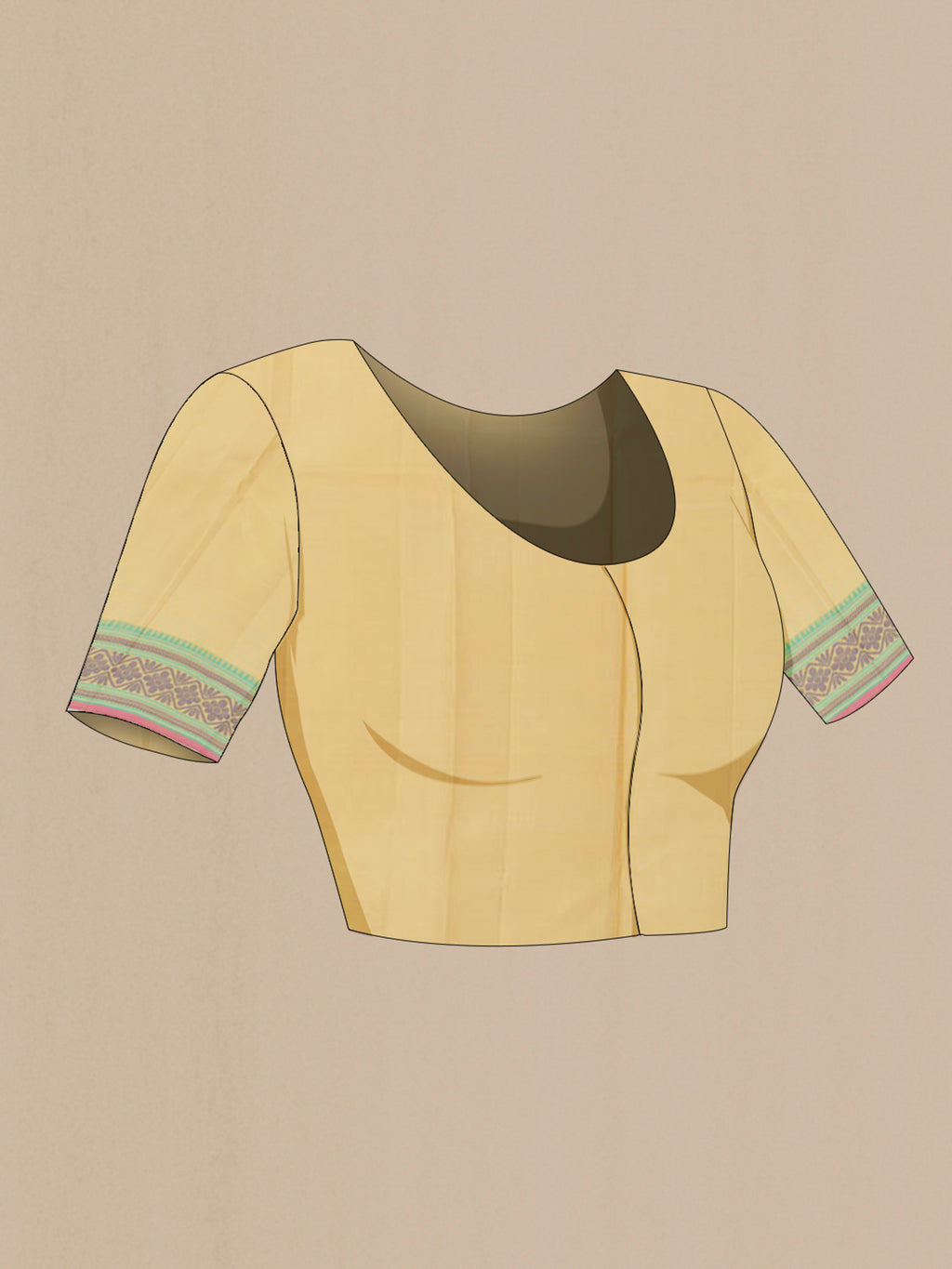 Close up image of the blouse of Lemon Yellow Kanchipuram Silk Saree with Jacquard design on the body and Thread Embroidery Border. 