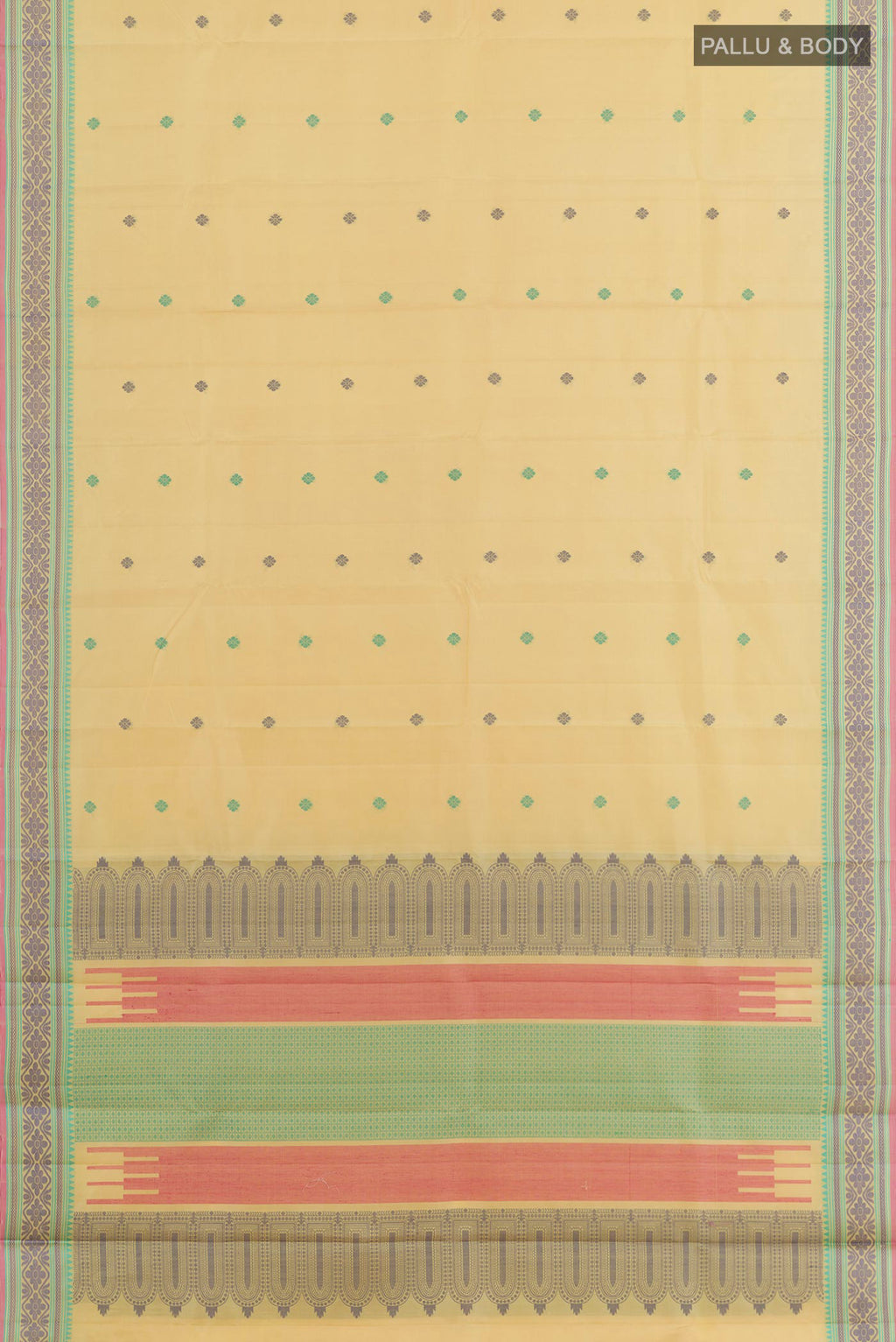 Flat view of Lemon Yellow Kanchipuram Silk Saree with Jacquard design on the body and Thread Embroidery Border. 